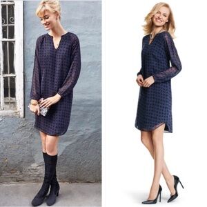 CABI Shift Dress XS Navy Black Geometric Chiffon Whimsigoth Dark Academia Grunge